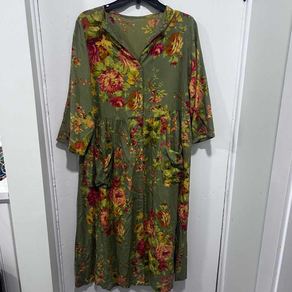 Olive Green Floral Midi Dress Crochet Trim Pockets Back Tie boho Cottagecore